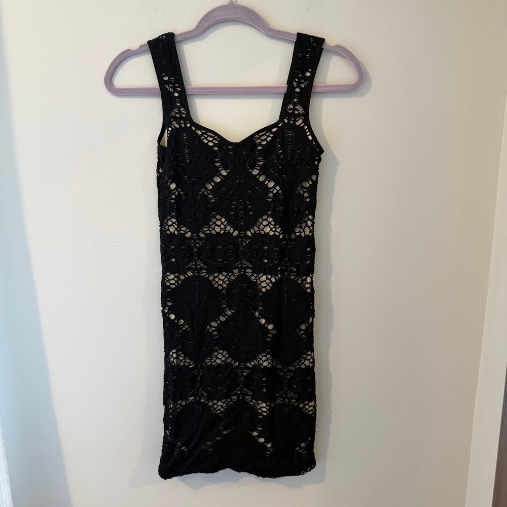Intimately Free People Black Crochet Lace Bodycon Slip Mini Dress M/L OB402778‎